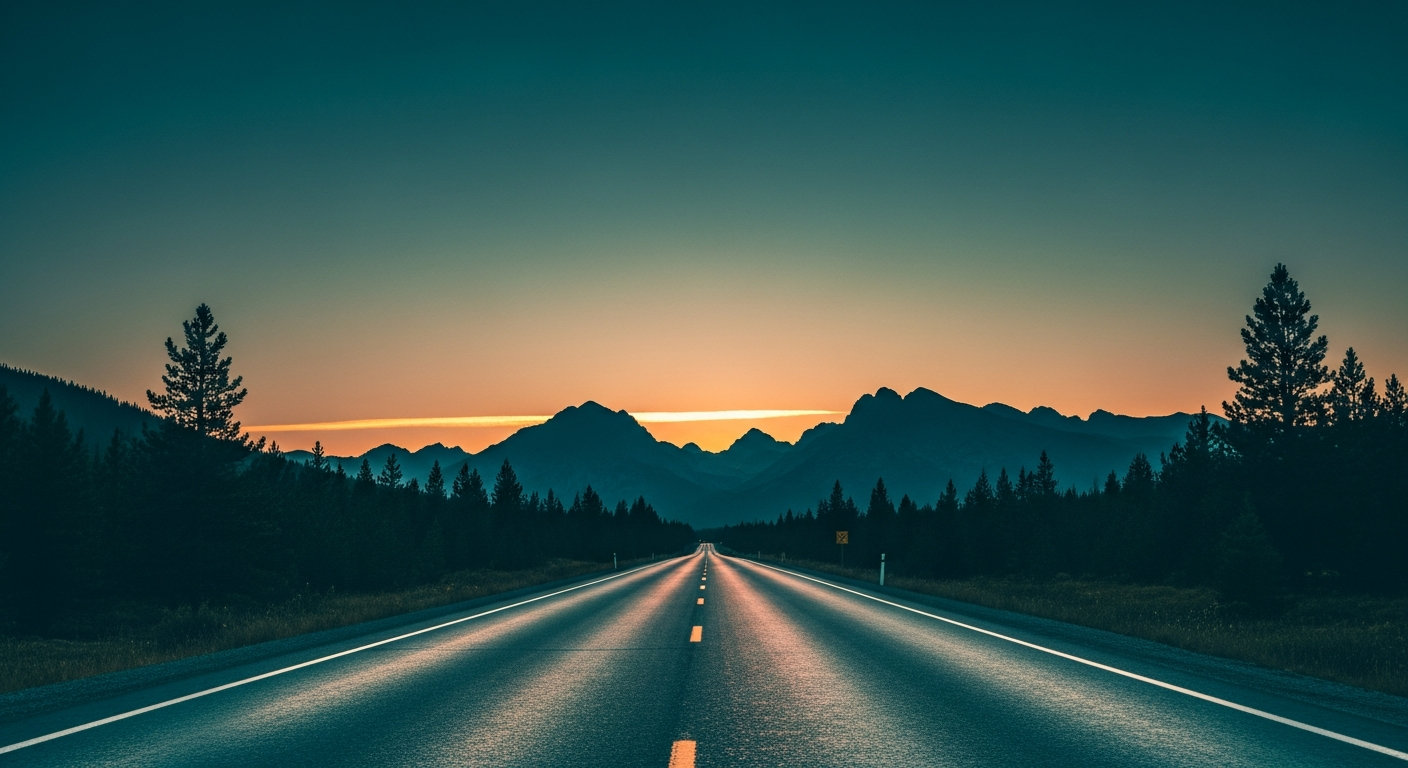 empty road into the mountains at dusk