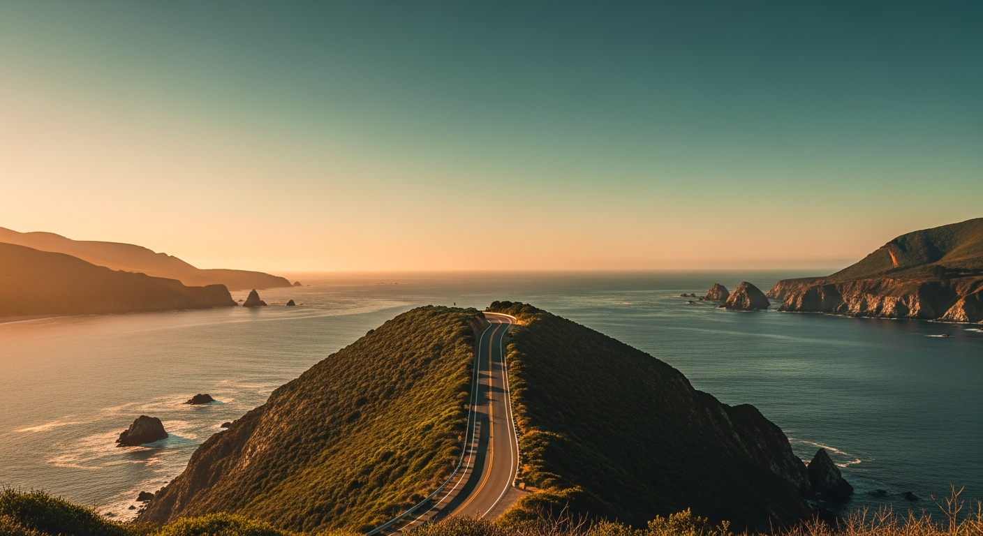 coastal cliff road, golden hour