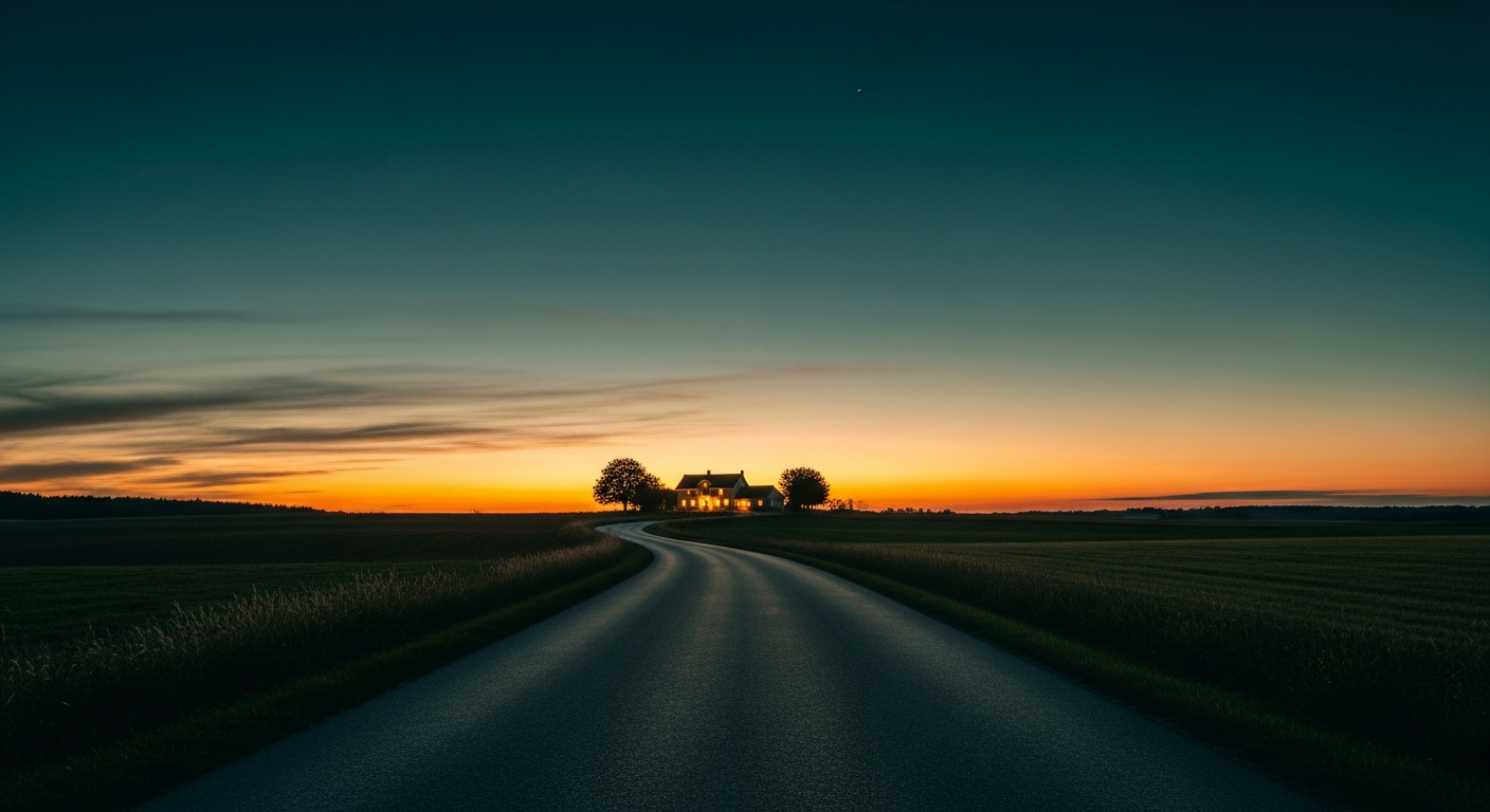 winding road to a lit farmhouse at dusk
