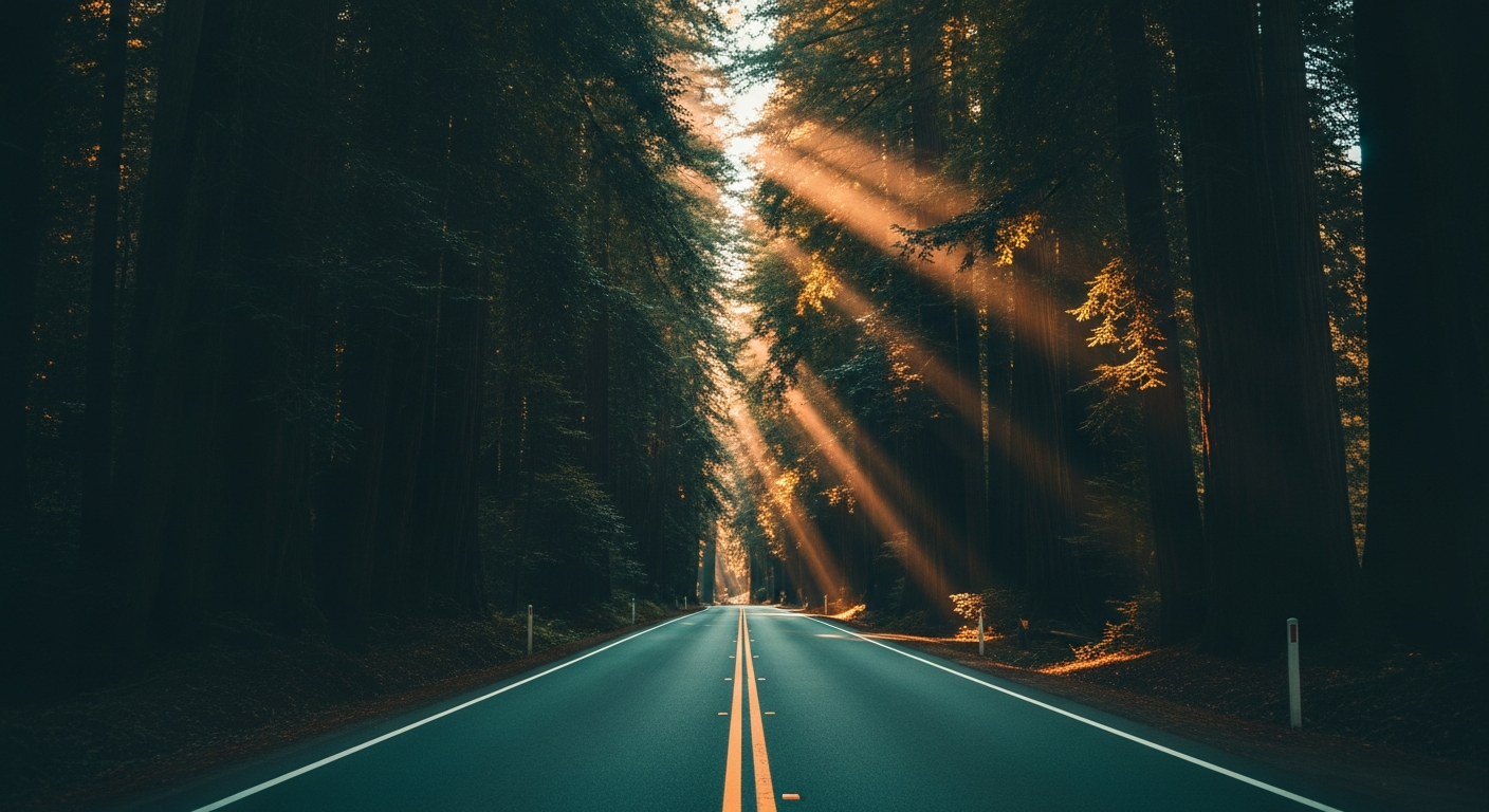 road into centered redwoods