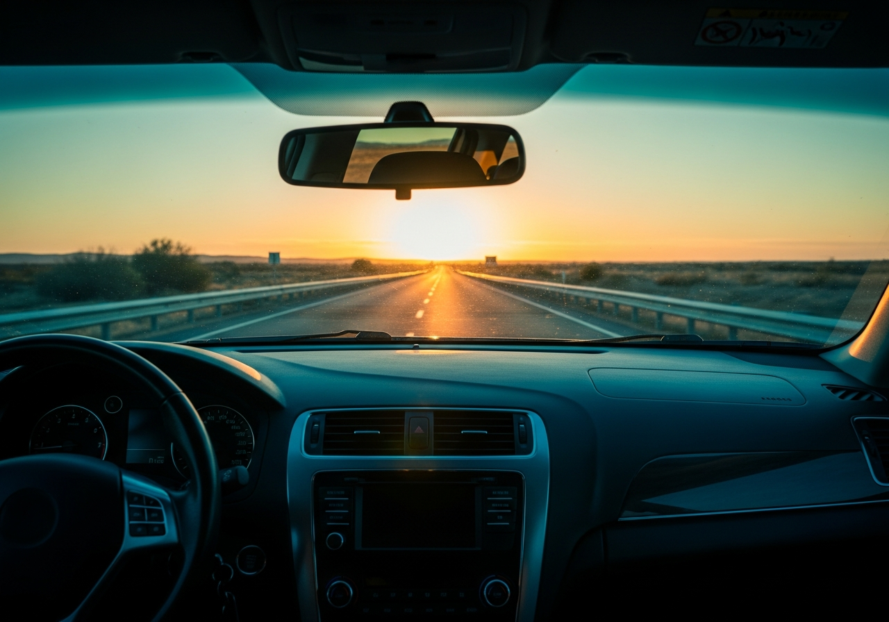 sunlit dashboard, open road ahead