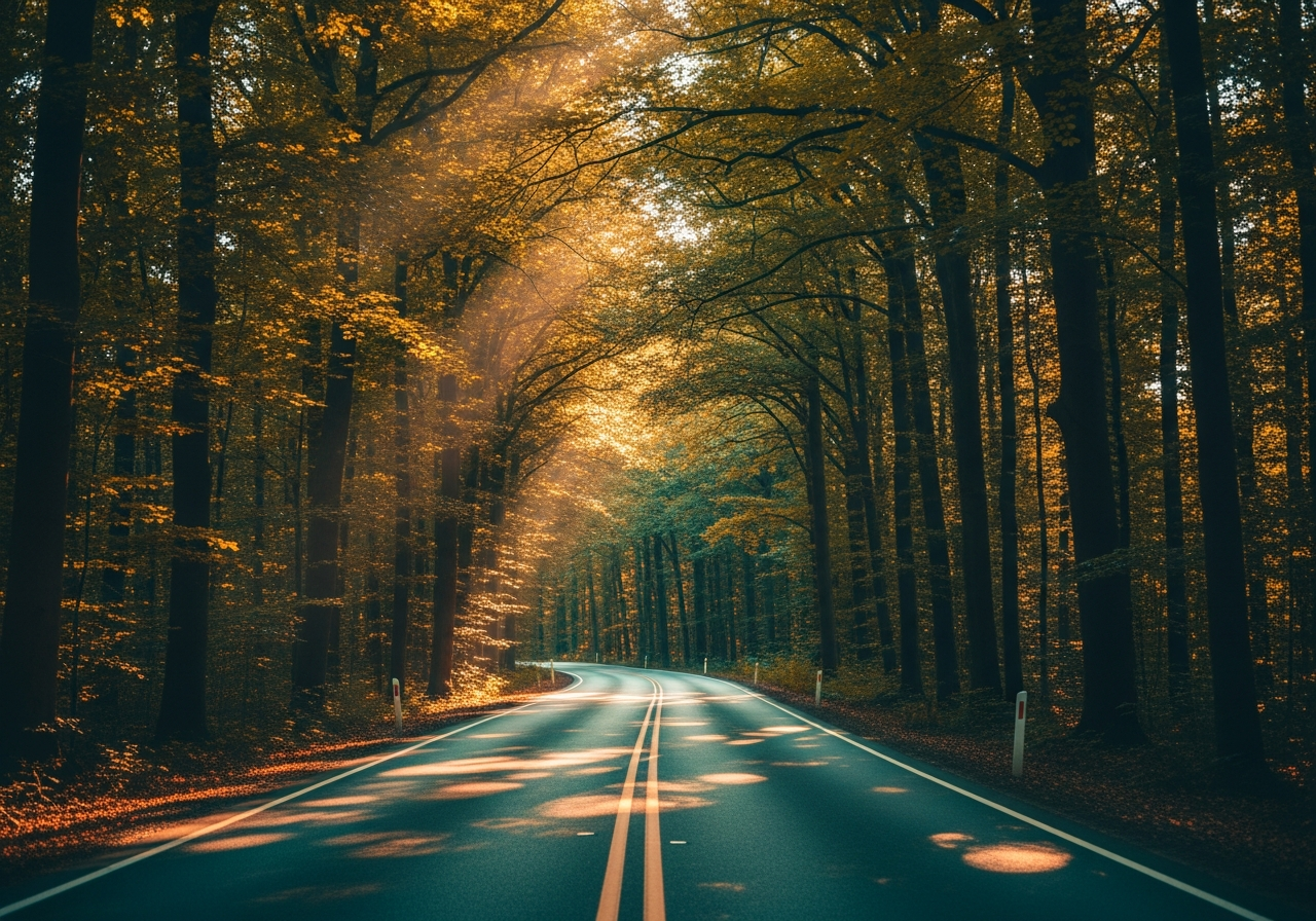forest two-lane road, dappled light
