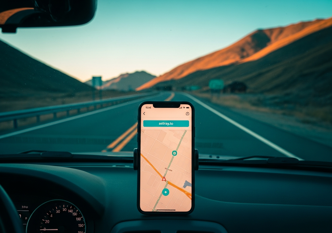 phone on dash, mountain pass beyond
