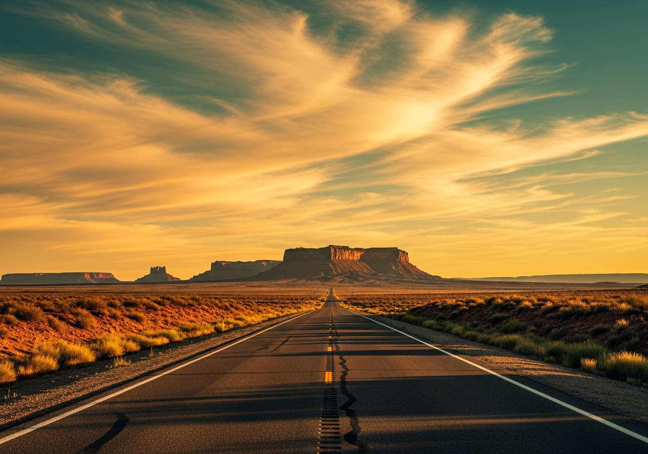 desert highway, distant mesa, big sky