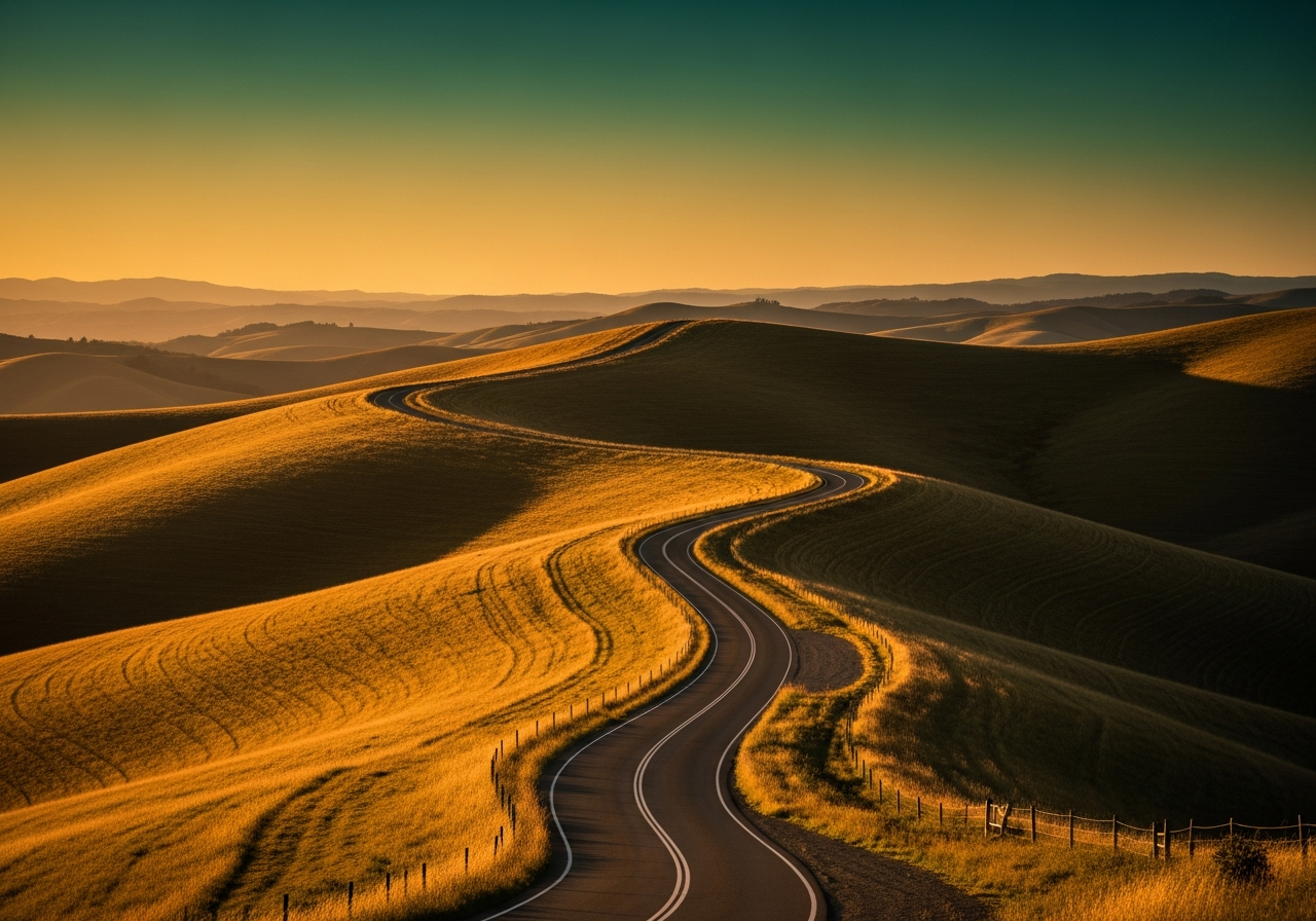 golden hills, winding back road at dusk